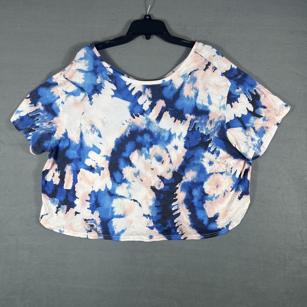 Women's 1X‎ Plus Size Blue White Pink Tie Dye Criss Cross Back Short Sleeve Top